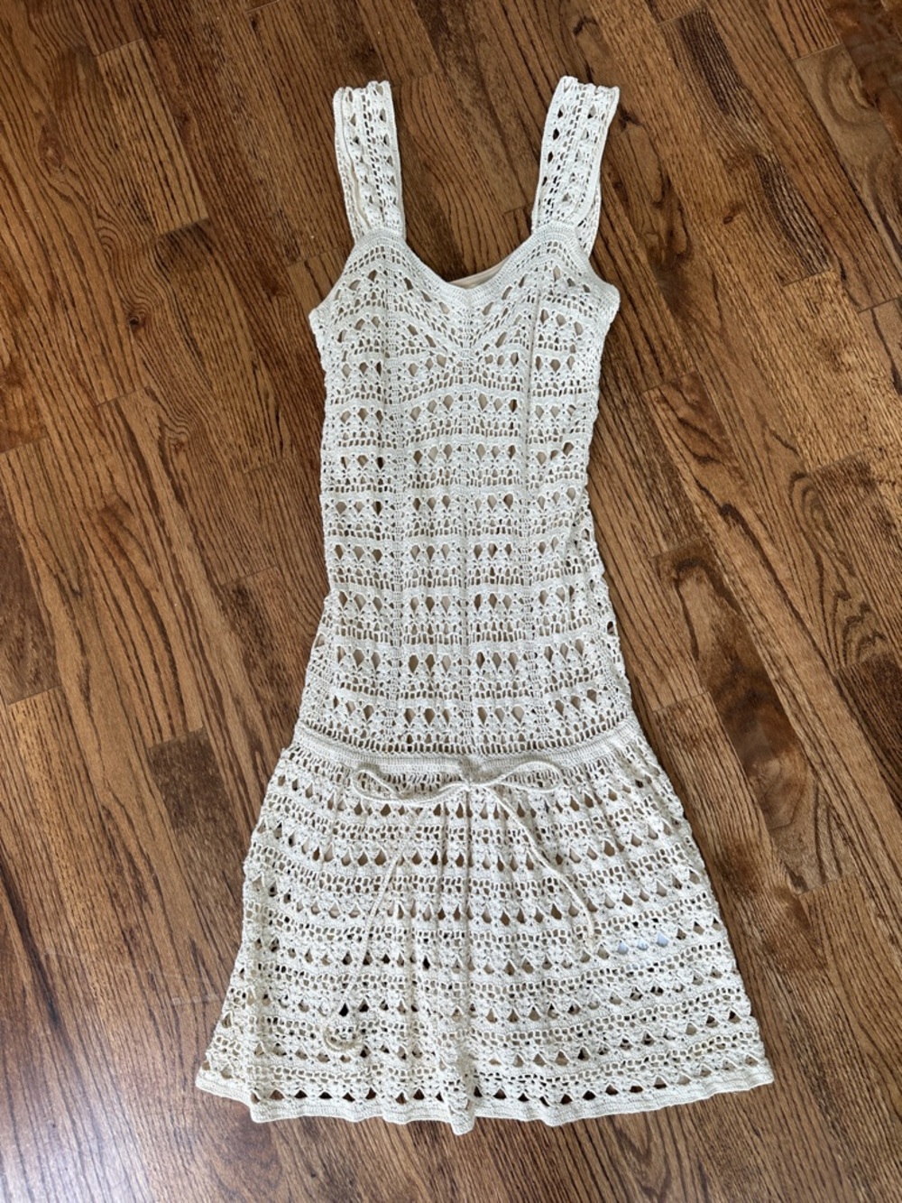 Vince Cream Crochet Tank Mini Dress with Drawstring Waist